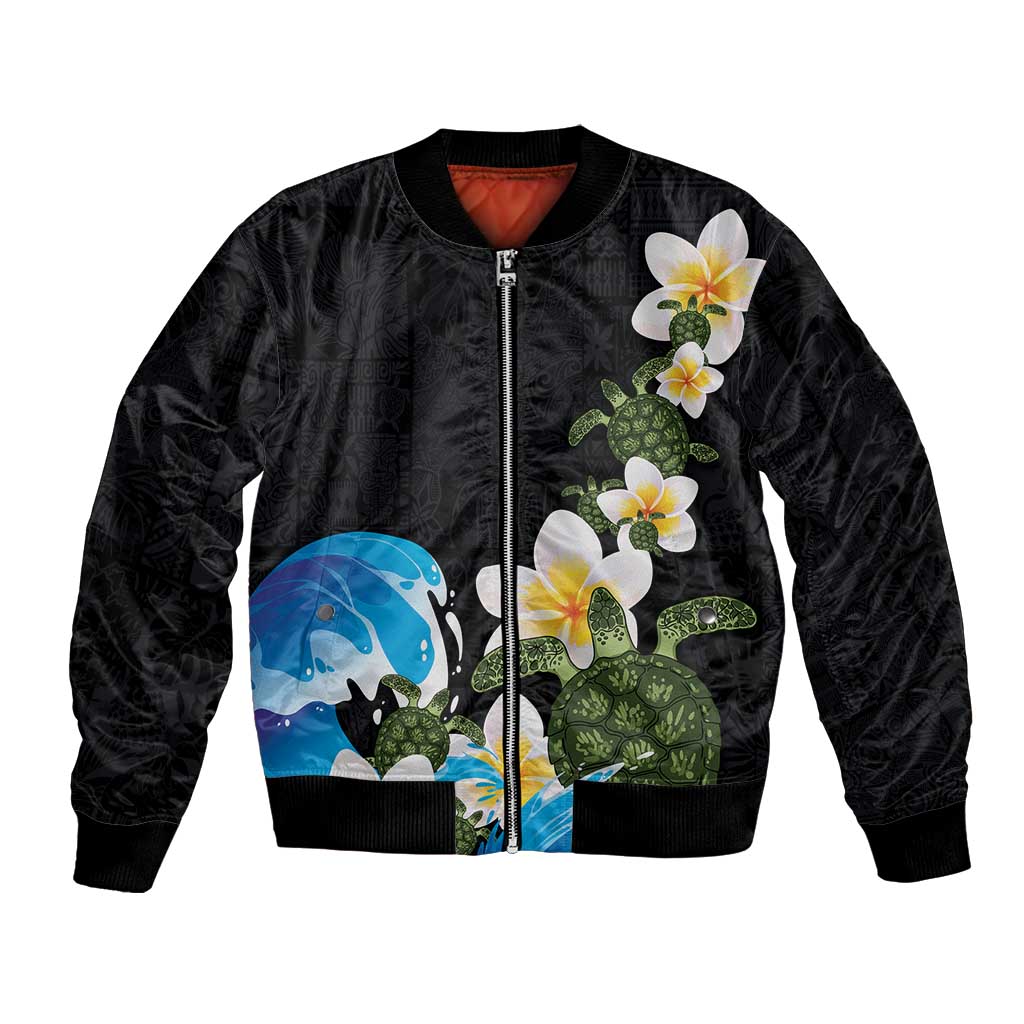 Hawaiian Plumeria and Turtle Bomber Jacket with Polynesian Tribal Art Pattern Vintage Vibes LT03 Unisex Black - Polynesian Pride