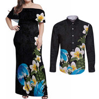 Hawaiian Plumeria and Turtle Couples Matching Off Shoulder Maxi Dress and Long Sleeve Button Shirt with Polynesian Tribal Art Pattern Vintage Vibes LT03 Black - Polynesian Pride