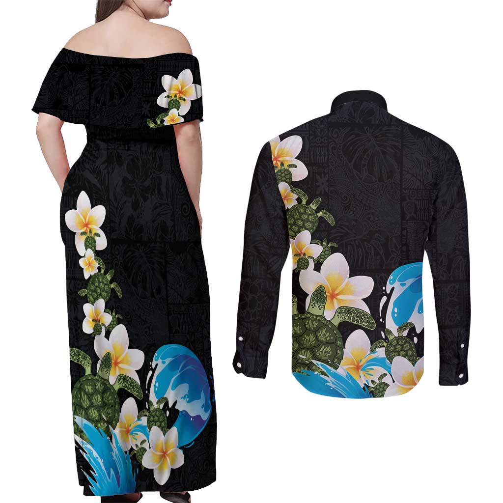 Hawaiian Plumeria and Turtle Couples Matching Off Shoulder Maxi Dress and Long Sleeve Button Shirt with Polynesian Tribal Art Pattern Vintage Vibes LT03 - Polynesian Pride