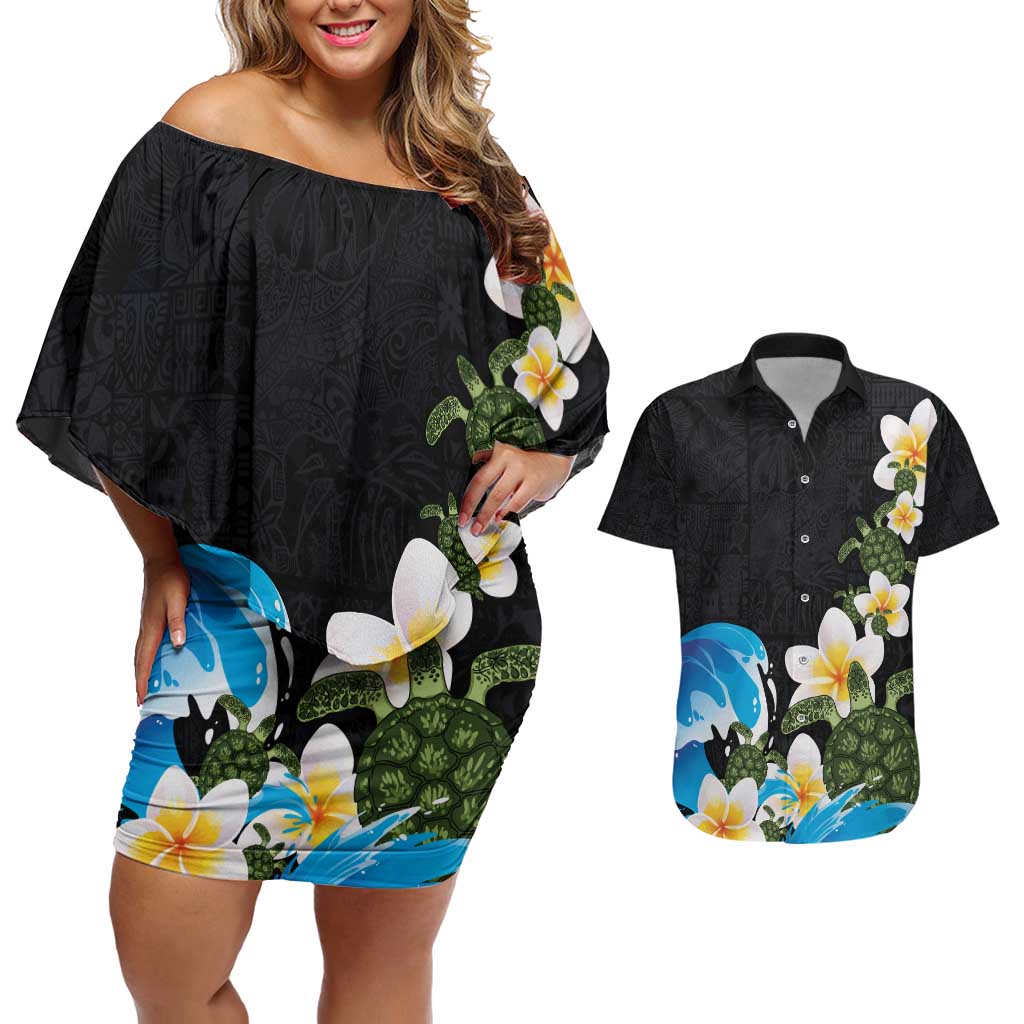 Hawaiian Plumeria and Turtle Couples Matching Off Shoulder Short Dress and Hawaiian Shirt with Polynesian Tribal Art Pattern Vintage Vibes LT03 Black - Polynesian Pride