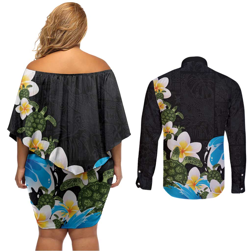 Hawaiian Plumeria and Turtle Couples Matching Off Shoulder Short Dress and Long Sleeve Button Shirt with Polynesian Tribal Art Pattern Vintage Vibes LT03 - Polynesian Pride