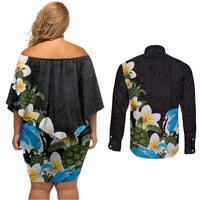 Hawaiian Plumeria and Turtle Couples Matching Off Shoulder Short Dress and Long Sleeve Button Shirt with Polynesian Tribal Art Pattern Vintage Vibes LT03 - Polynesian Pride
