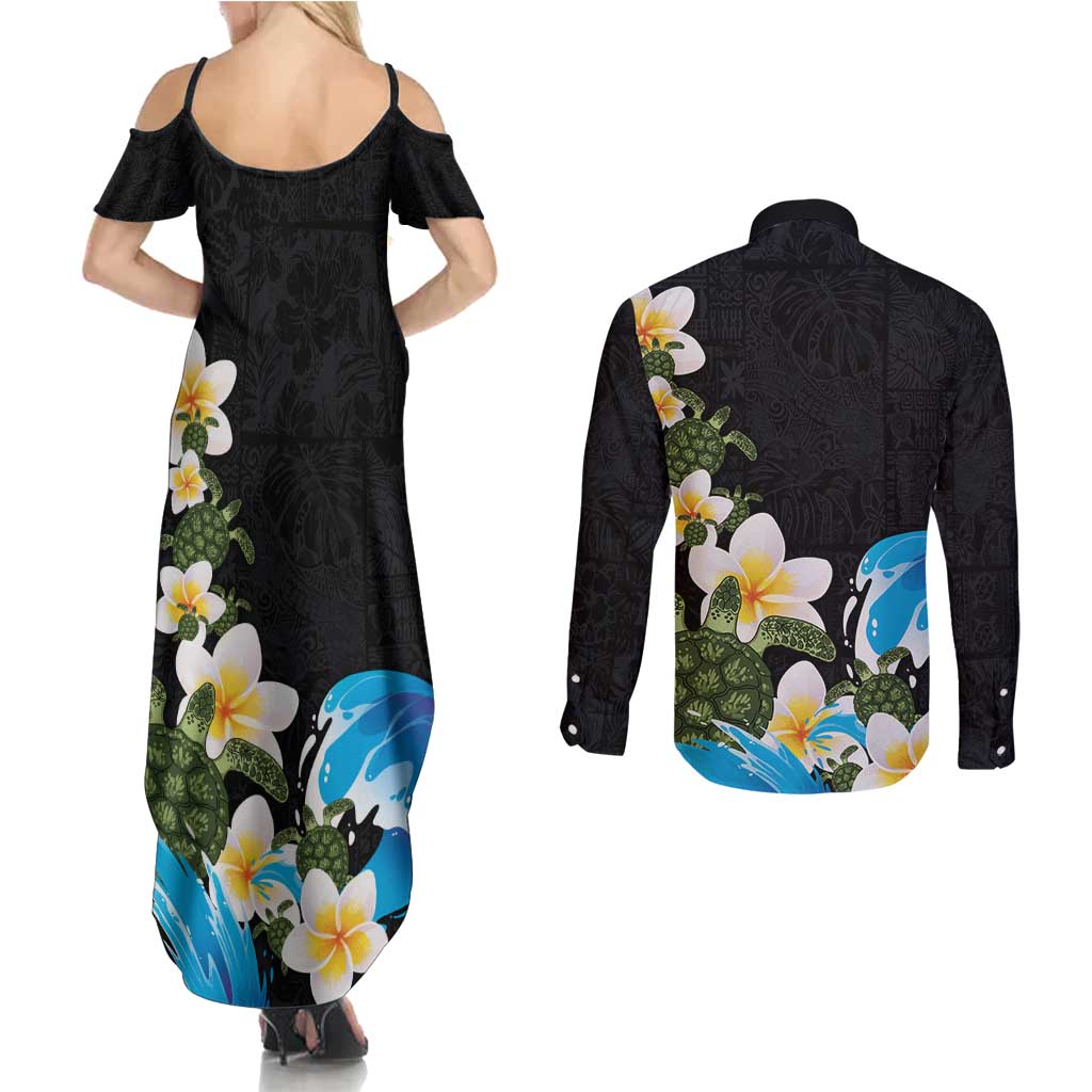Hawaiian Plumeria and Turtle Couples Matching Summer Maxi Dress and Long Sleeve Button Shirt with Polynesian Tribal Art Pattern Vintage Vibes LT03 - Polynesian Pride