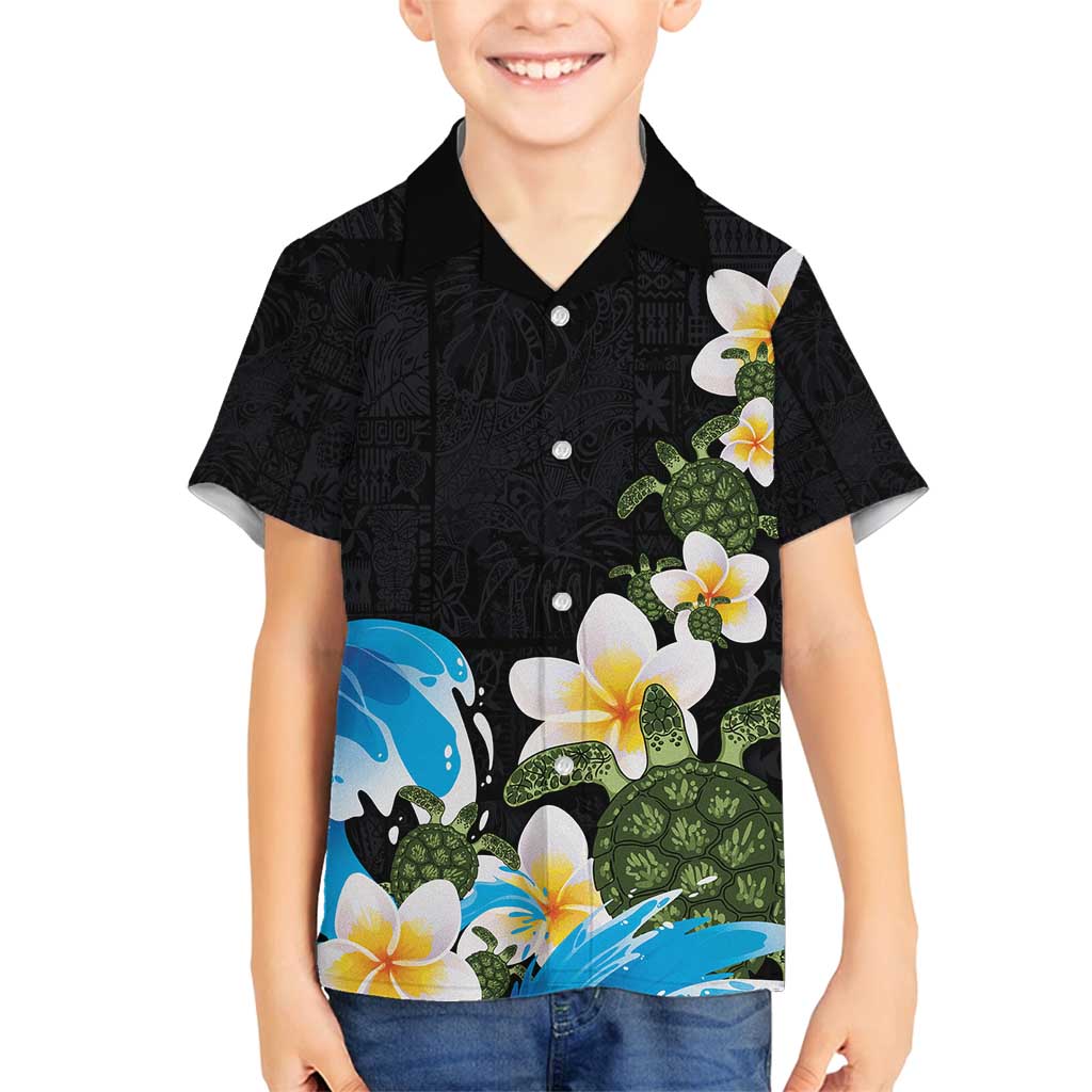 Hawaiian Plumeria and Turtle Family Matching Off Shoulder Short Dress and Hawaiian Shirt with Polynesian Tribal Art Pattern Vintage Vibes LT03 Son's Shirt Black - Polynesian Pride