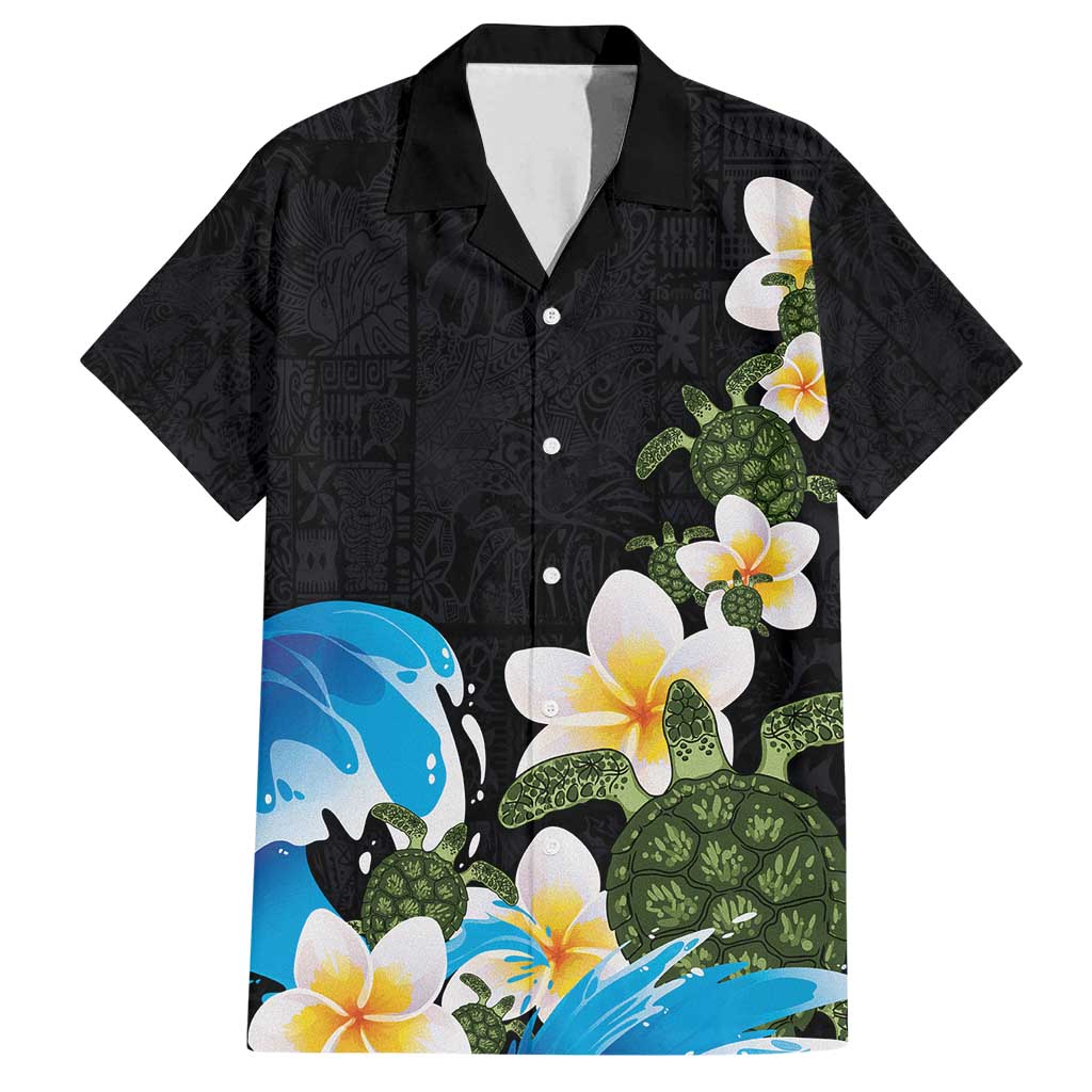 Hawaiian Plumeria and Turtle Family Matching Tank Maxi Dress and Hawaiian Shirt with Polynesian Tribal Art Pattern Vintage Vibes LT03 Dad's Shirt - Short Sleeve Black - Polynesian Pride