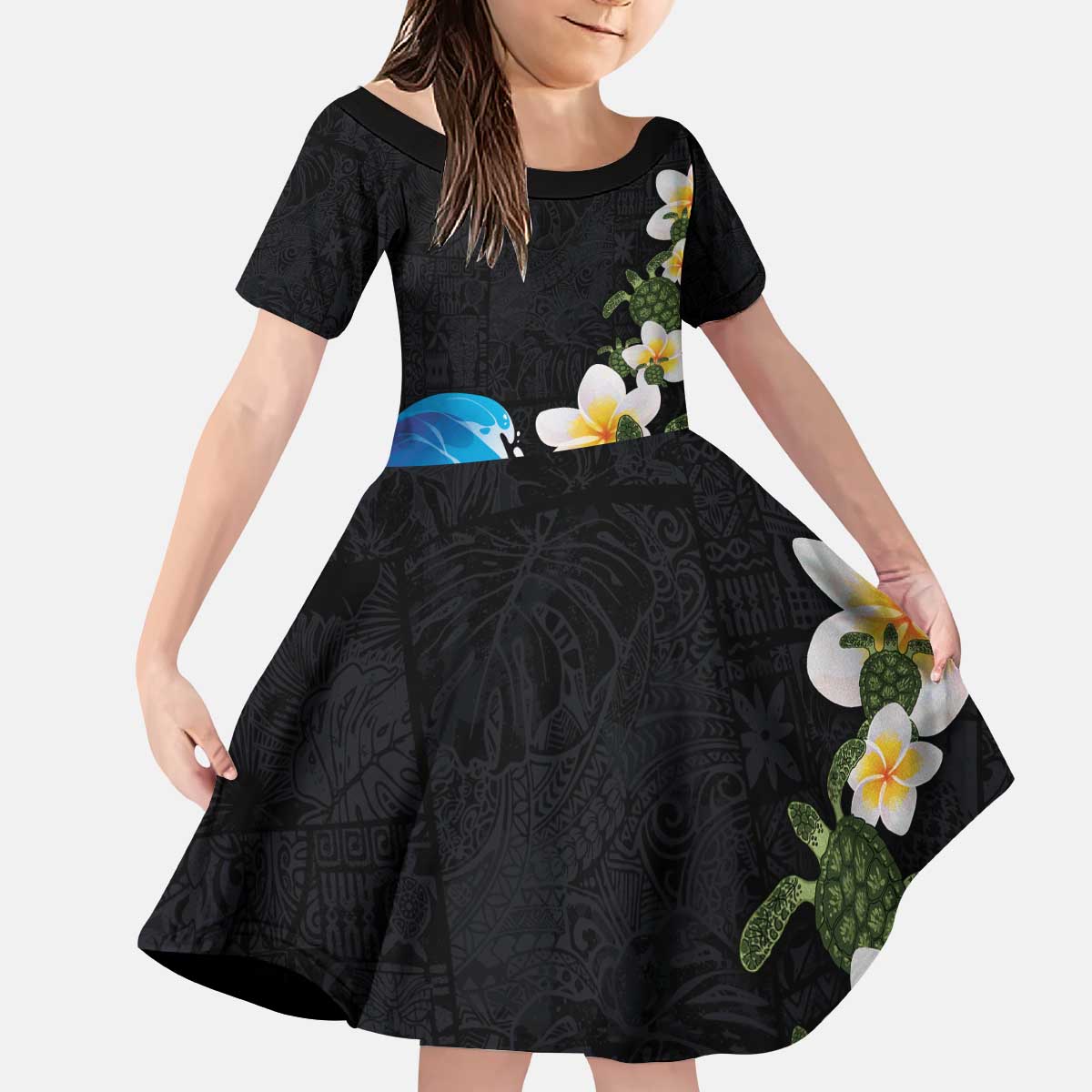 Hawaiian Plumeria and Turtle Kid Short Sleeve Dress with Polynesian Tribal Art Pattern Vintage Vibes