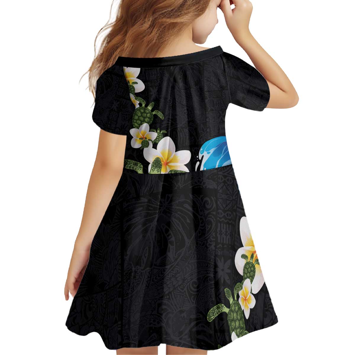 Hawaiian Plumeria and Turtle Kid Short Sleeve Dress with Polynesian Tribal Art Pattern Vintage Vibes
