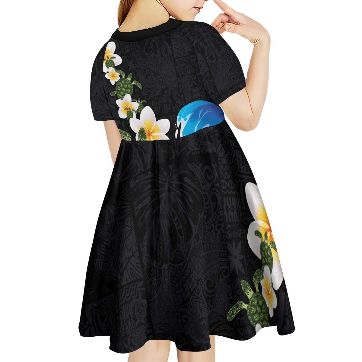 Hawaiian Plumeria and Turtle Kid Short Sleeve Dress with Polynesian Tribal Art Pattern Vintage Vibes