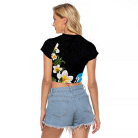 Hawaiian Plumeria and Turtle Raglan Cropped T Shirt with Polynesian Tribal Art Pattern Vintage Vibes