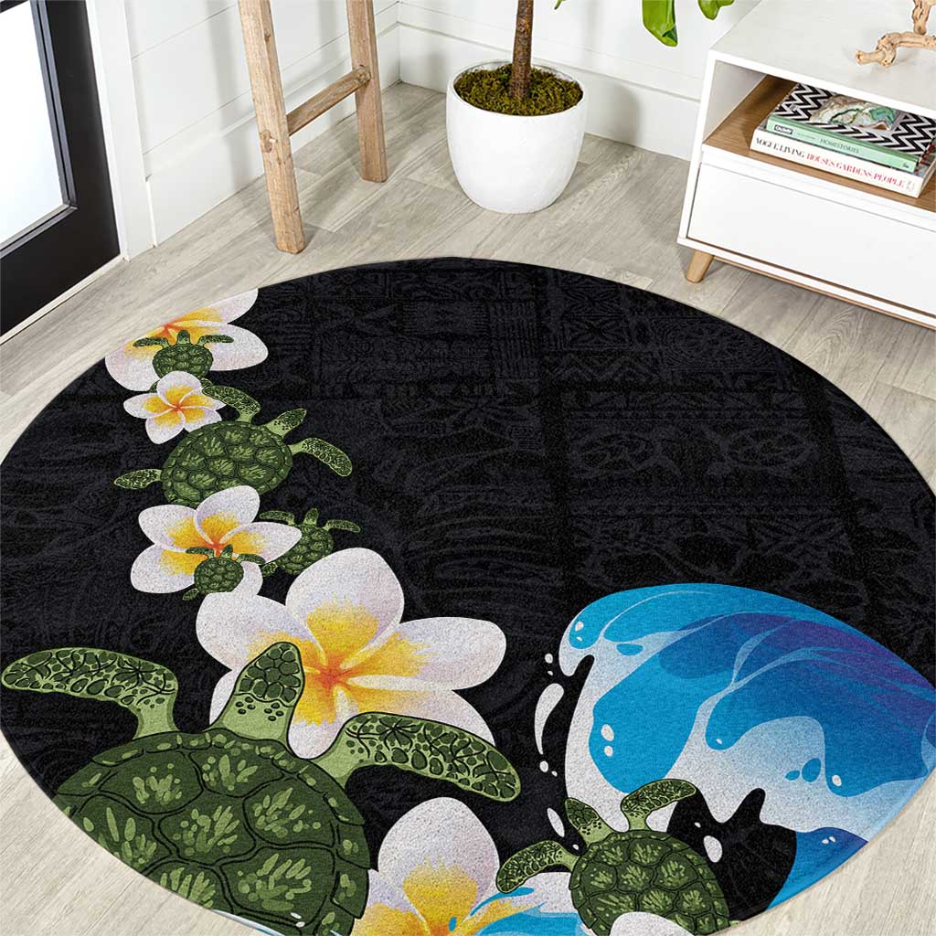Hawaiian Plumeria and Turtle Round Carpet with Polynesian Tribal Art Pattern Vintage Vibes LT03 Black - Polynesian Pride