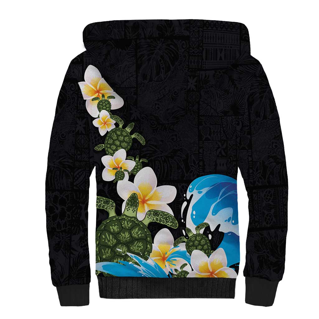 Hawaiian Plumeria and Turtle Sherpa Hoodie with Polynesian Tribal Art Pattern Vintage Vibes