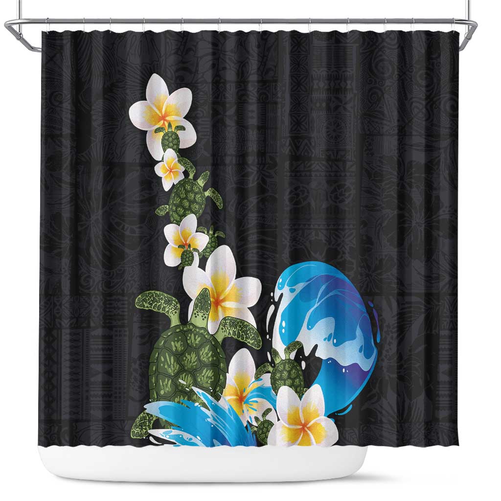 Hawaiian Plumeria and Turtle Shower Curtain with Polynesian Tribal Art Pattern Vintage Vibes LT03 Black - Polynesian Pride
