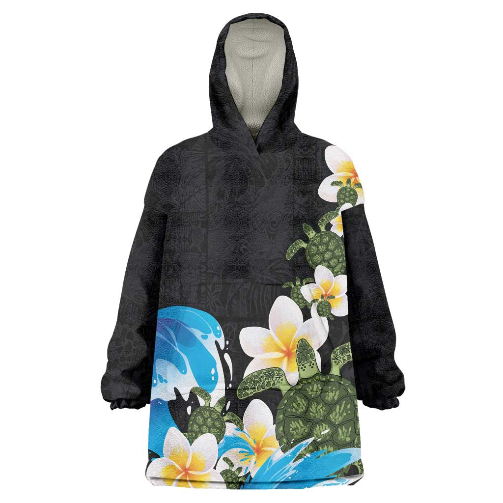 Hawaiian Plumeria and Turtle Wearable Blanket Hoodie with Polynesian Tribal Art Pattern Vintage Vibes LT03 One Size Black - Polynesian Pride