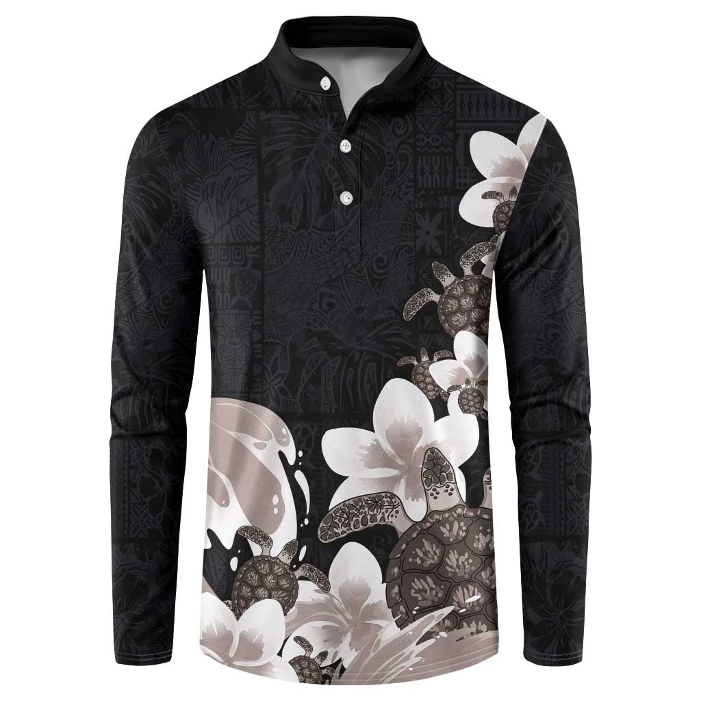 Hawaiian Plumeria and Turtle Button Sweatshirt with Polynesian Tribal Art Pattern Grayscale Color