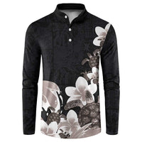 Hawaiian Plumeria and Turtle Button Sweatshirt with Polynesian Tribal Art Pattern Grayscale Color