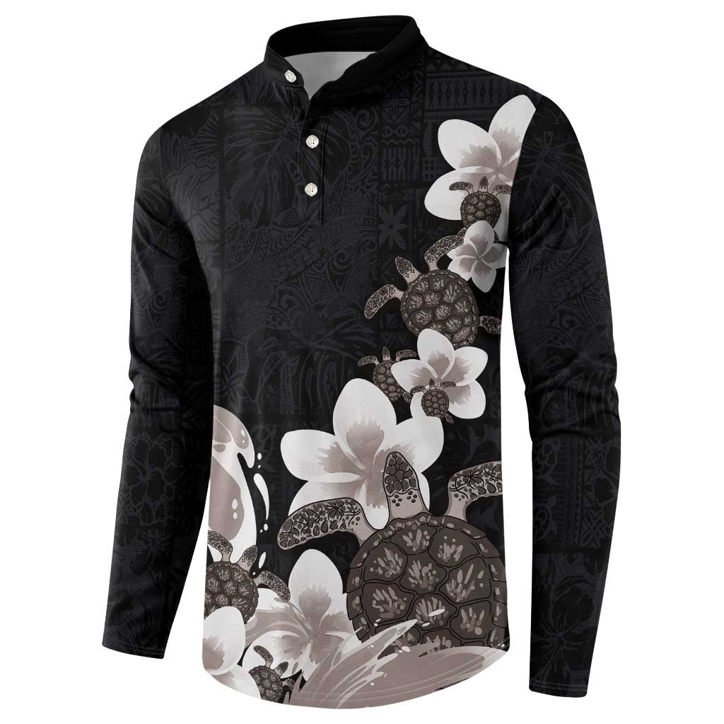 Hawaiian Plumeria and Turtle Button Sweatshirt with Polynesian Tribal Art Pattern Grayscale Color