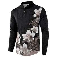 Hawaiian Plumeria and Turtle Button Sweatshirt with Polynesian Tribal Art Pattern Grayscale Color
