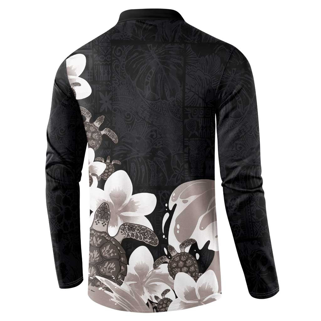 Hawaiian Plumeria and Turtle Button Sweatshirt with Polynesian Tribal Art Pattern Grayscale Color