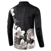 Hawaiian Plumeria and Turtle Button Sweatshirt with Polynesian Tribal Art Pattern Grayscale Color