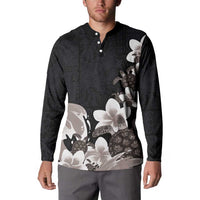 Hawaiian Plumeria and Turtle Button Sweatshirt with Polynesian Tribal Art Pattern Grayscale Color