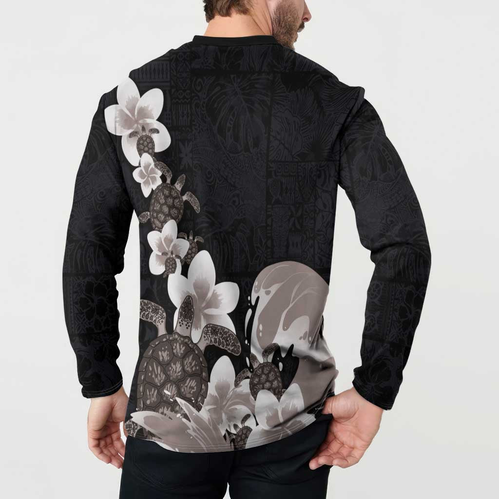 Hawaiian Plumeria and Turtle Button Sweatshirt with Polynesian Tribal Art Pattern Grayscale Color
