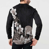 Hawaiian Plumeria and Turtle Button Sweatshirt with Polynesian Tribal Art Pattern Grayscale Color