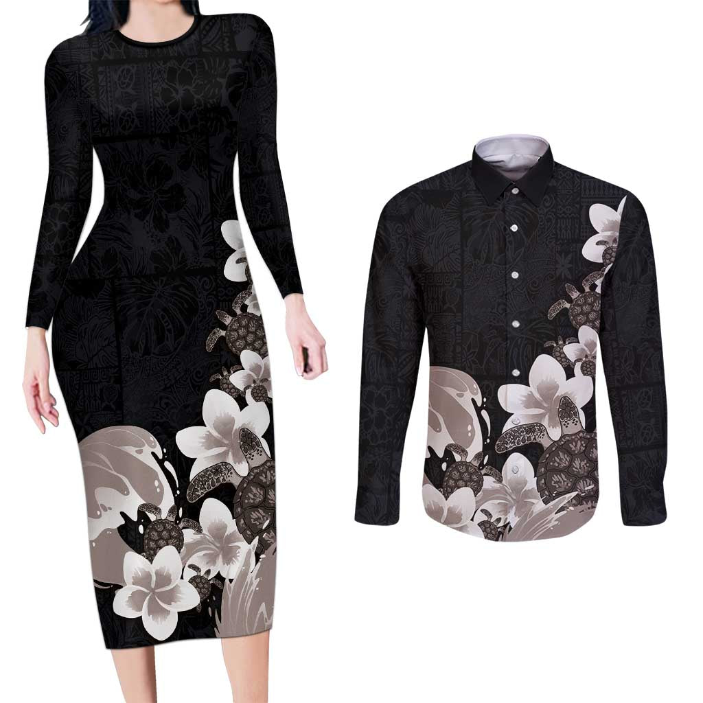 Hawaiian Plumeria and Turtle Couples Matching Long Sleeve Bodycon Dress and Long Sleeve Button Shirt with Polynesian Tribal Art Pattern Grayscale Color LT03 Black - Polynesian Pride