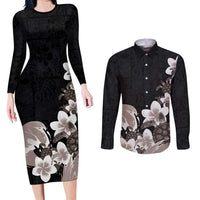 Hawaiian Plumeria and Turtle Couples Matching Long Sleeve Bodycon Dress and Long Sleeve Button Shirt with Polynesian Tribal Art Pattern Grayscale Color LT03 Black - Polynesian Pride
