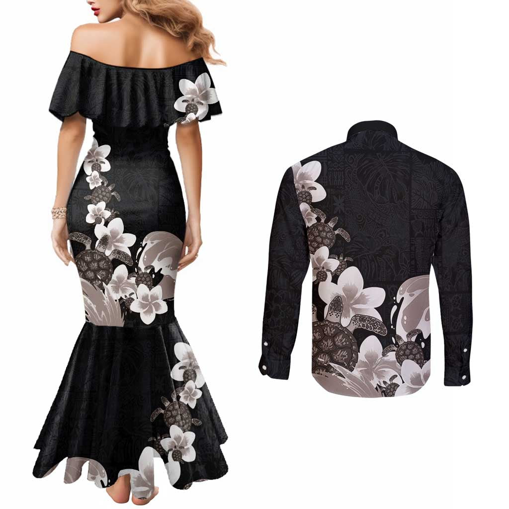 Hawaiian Plumeria and Turtle Couples Matching Mermaid Dress and Long Sleeve Button Shirt with Polynesian Tribal Art Pattern Grayscale Color LT03 - Polynesian Pride