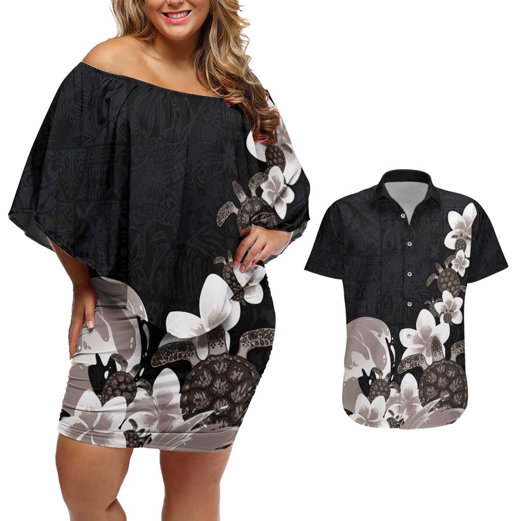 Hawaiian Plumeria and Turtle Couples Matching Off Shoulder Short Dress and Hawaiian Shirt with Polynesian Tribal Art Pattern Grayscale Color LT03 Black - Polynesian Pride