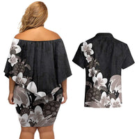 Hawaiian Plumeria and Turtle Couples Matching Off Shoulder Short Dress and Hawaiian Shirt with Polynesian Tribal Art Pattern Grayscale Color LT03 - Polynesian Pride