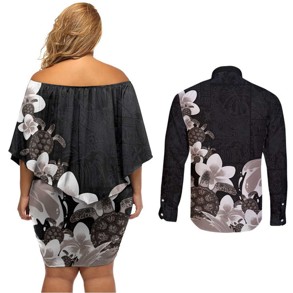 Marshall Islands Combo Off Shoulder Long Dress And Shirt White Hibiscus Blue Pattern