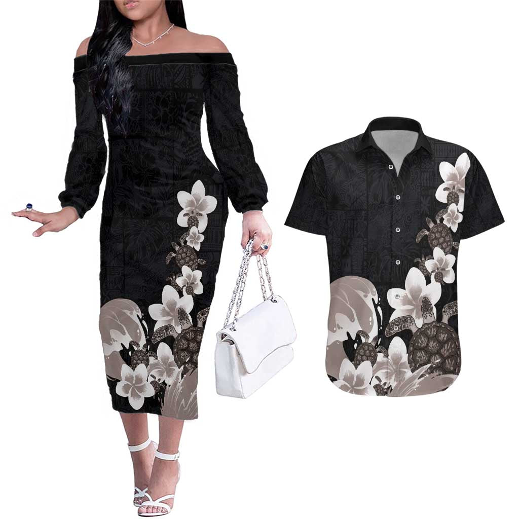 Hawaiian Plumeria and Turtle Couples Matching Off The Shoulder Long Sleeve Dress and Hawaiian Shirt with Polynesian Tribal Art Pattern Grayscale Color LT03 Black - Polynesian Pride