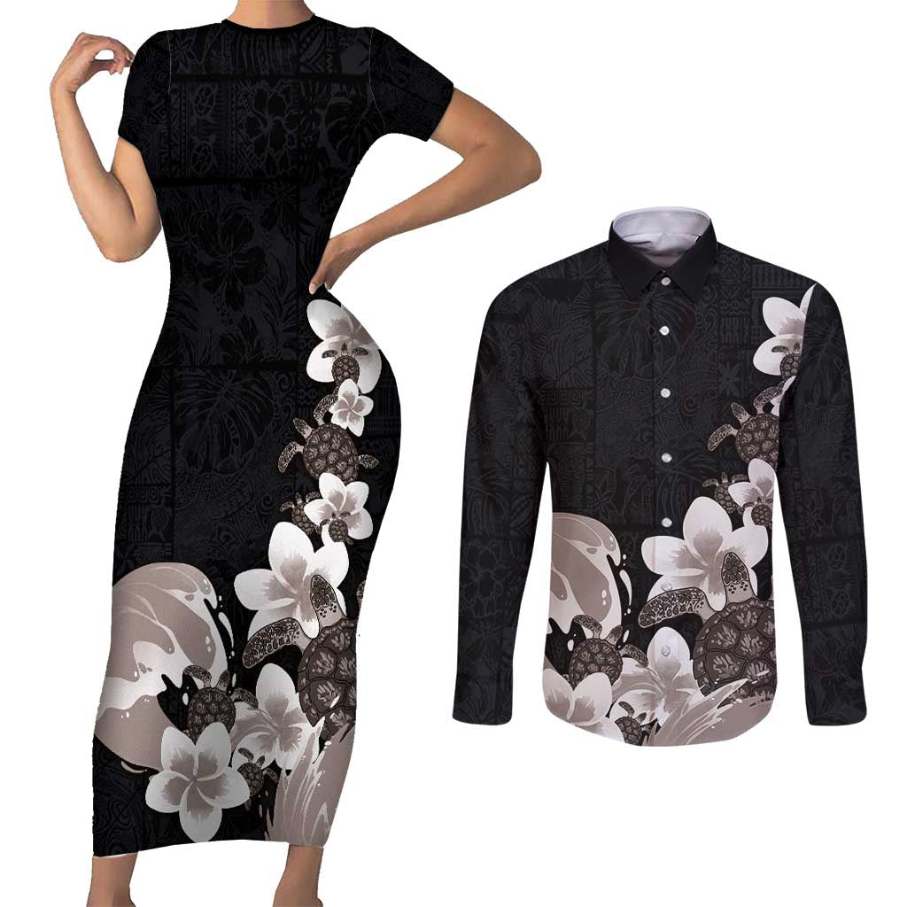 Hawaiian Plumeria and Turtle Couples Matching Short Sleeve Bodycon Dress and Long Sleeve Button Shirt with Polynesian Tribal Art Pattern Grayscale Color LT03 Black - Polynesian Pride