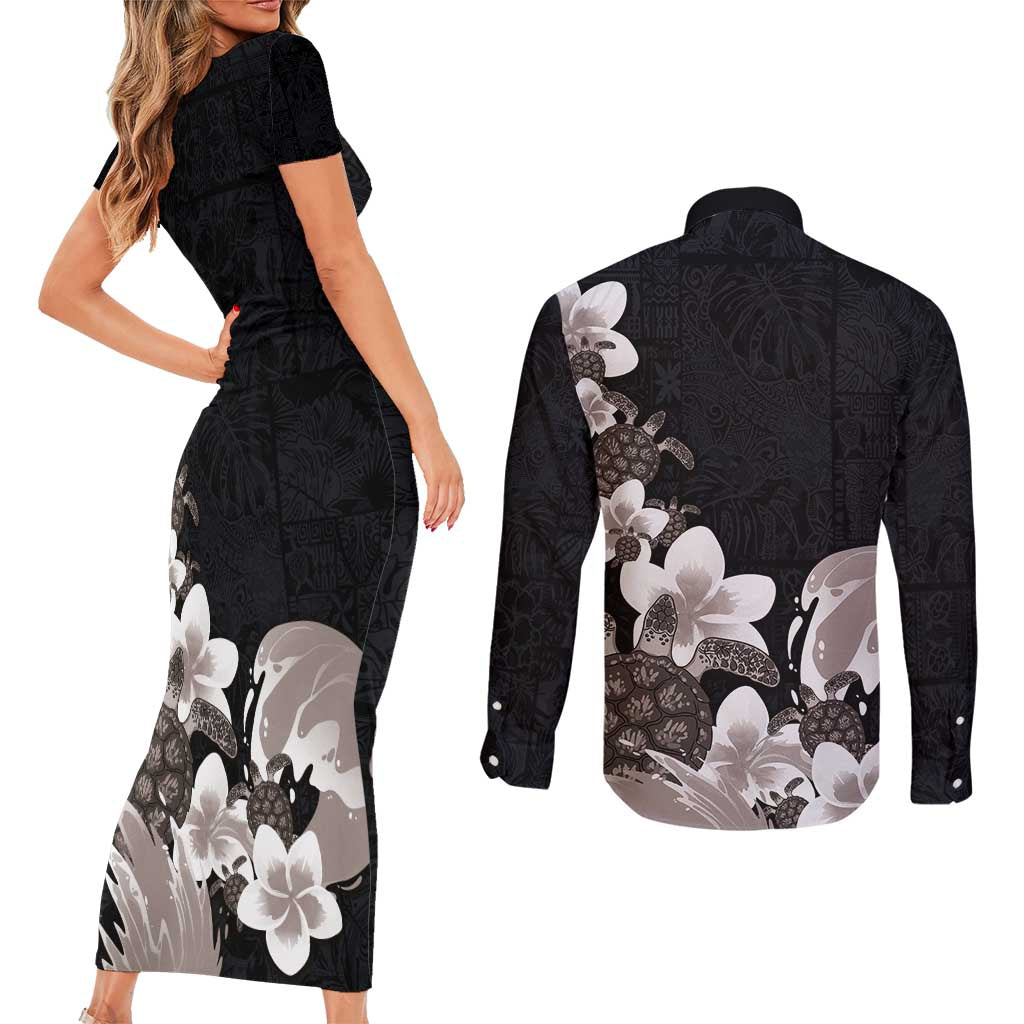 Hawaiian Plumeria and Turtle Couples Matching Short Sleeve Bodycon Dress and Long Sleeve Button Shirt with Polynesian Tribal Art Pattern Grayscale Color LT03 - Polynesian Pride
