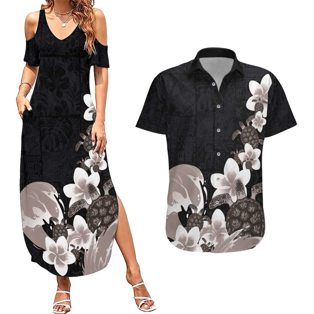 Hawaiian Plumeria and Turtle Couples Matching Summer Maxi Dress and Hawaiian Shirt with Polynesian Tribal Art Pattern Grayscale Color LT03 Black - Polynesian Pride