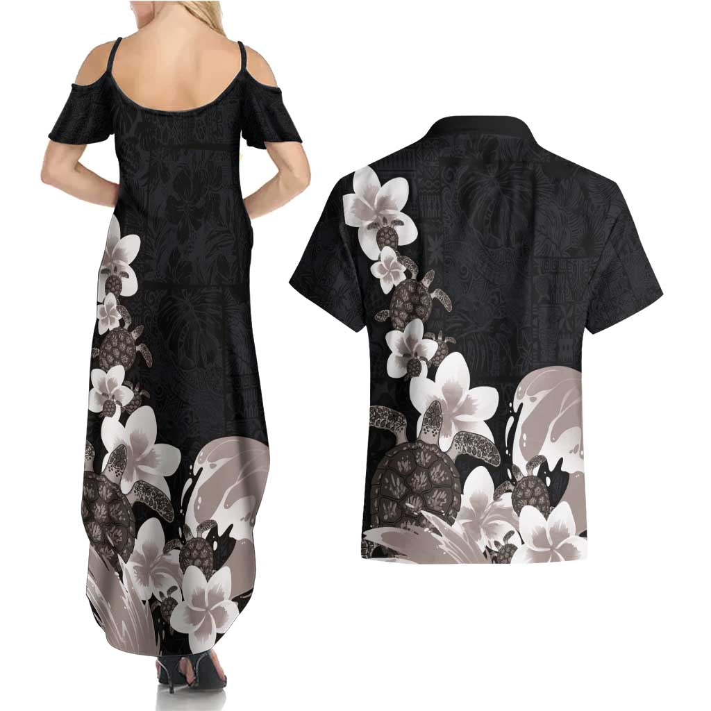 Hawaiian Plumeria and Turtle Couples Matching Summer Maxi Dress and Hawaiian Shirt with Polynesian Tribal Art Pattern Grayscale Color LT03 - Polynesian Pride