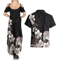 Hawaiian Plumeria and Turtle Couples Matching Summer Maxi Dress and Hawaiian Shirt with Polynesian Tribal Art Pattern Grayscale Color LT03 - Polynesian Pride