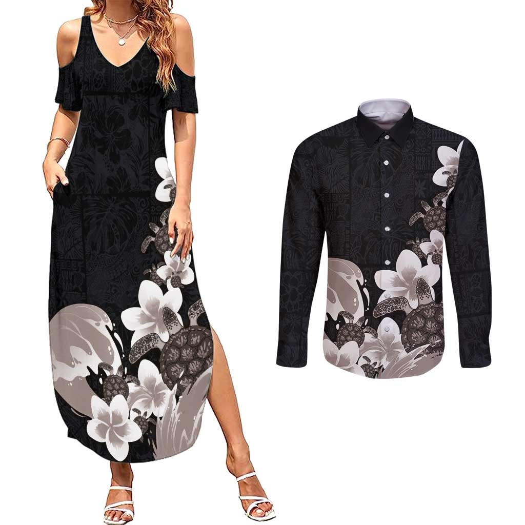 Hawaiian Plumeria and Turtle Couples Matching Summer Maxi Dress and Long Sleeve Button Shirt with Polynesian Tribal Art Pattern Grayscale Color LT03 Black - Polynesian Pride