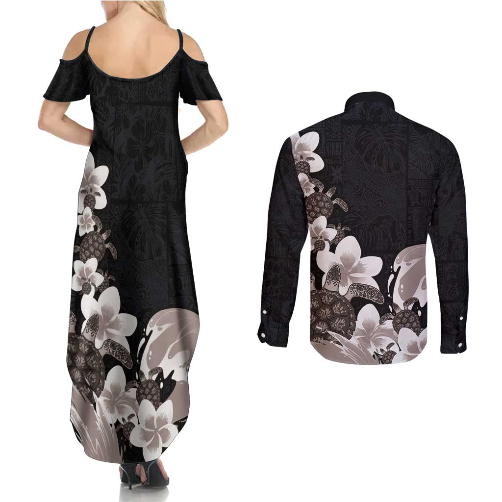 Hawaiian Plumeria and Turtle Couples Matching Summer Maxi Dress and Long Sleeve Button Shirt with Polynesian Tribal Art Pattern Grayscale Color LT03 - Polynesian Pride