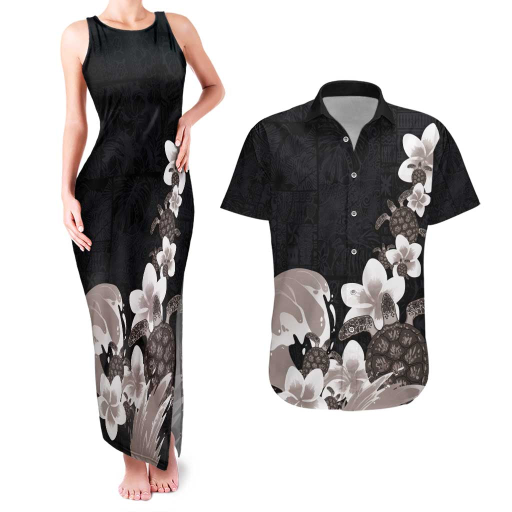 Hawaiian Plumeria and Turtle Couples Matching Tank Maxi Dress and Hawaiian Shirt with Polynesian Tribal Art Pattern Grayscale Color LT03 Black - Polynesian Pride