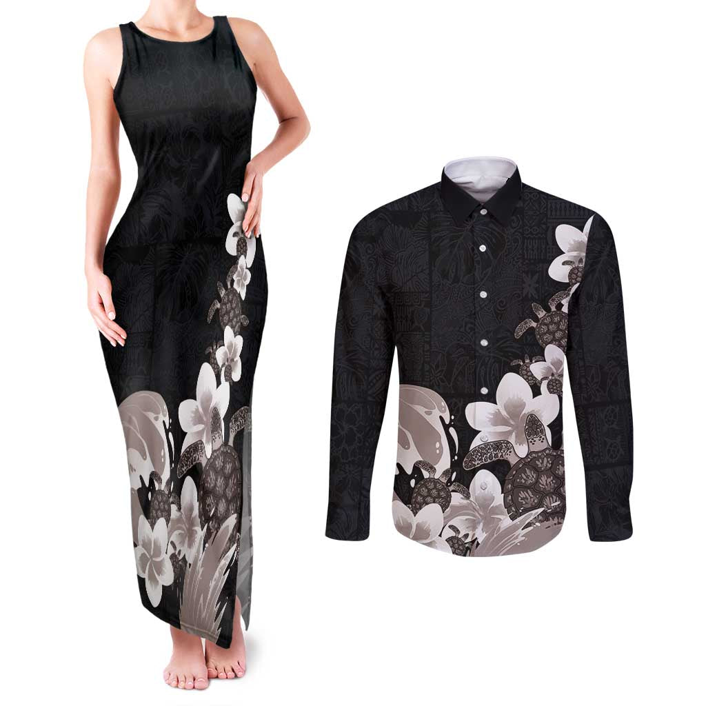 Hawaiian Plumeria and Turtle Couples Matching Tank Maxi Dress and Long Sleeve Button Shirt with Polynesian Tribal Art Pattern Grayscale Color LT03 Black - Polynesian Pride