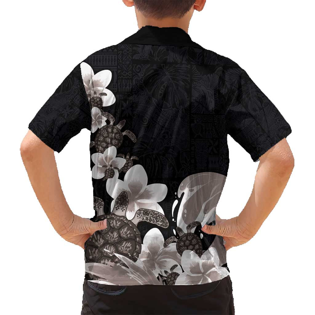 Hawaiian Plumeria and Turtle Family Matching Off Shoulder Short Dress and Hawaiian Shirt with Polynesian Tribal Art Pattern Grayscale Color LT03 - Polynesian Pride