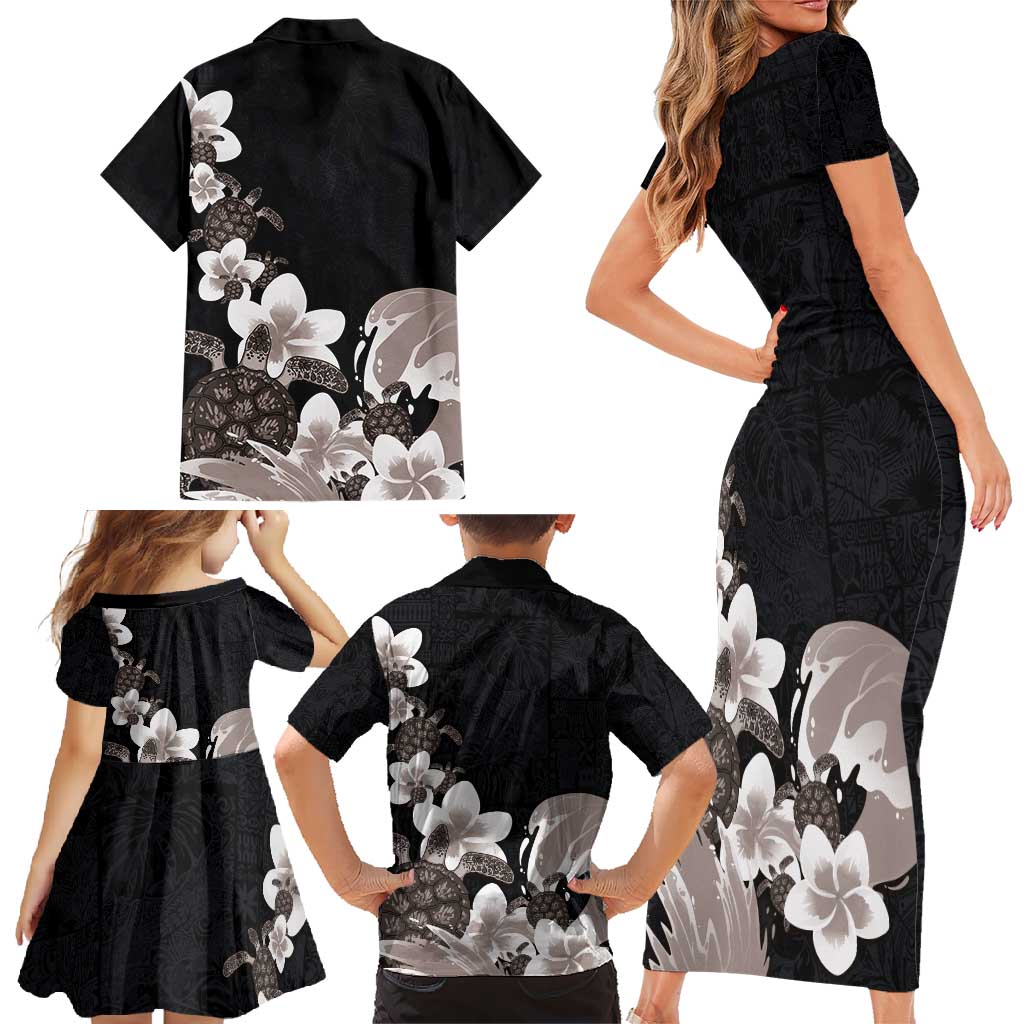 Hawaiian Plumeria and Turtle Family Matching Short Sleeve Bodycon Dress and Hawaiian Shirt with Polynesian Tribal Art Pattern Grayscale Color