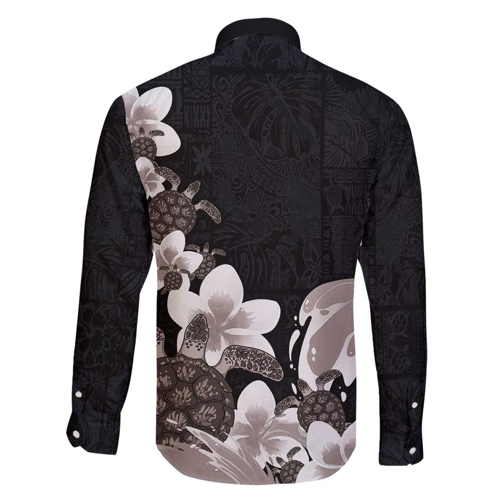 Hawaiian Plumeria and Turtle Family Matching Summer Maxi Dress and Hawaiian Shirt with Polynesian Tribal Art Pattern Grayscale Color