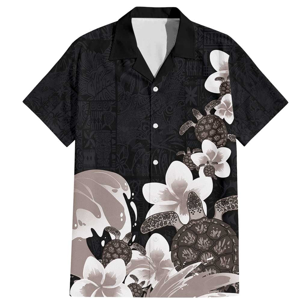 Hawaiian Plumeria and Turtle Family Matching Tank Maxi Dress and Hawaiian Shirt with Polynesian Tribal Art Pattern Grayscale Color LT03 Dad's Shirt - Short Sleeve Black - Polynesian Pride