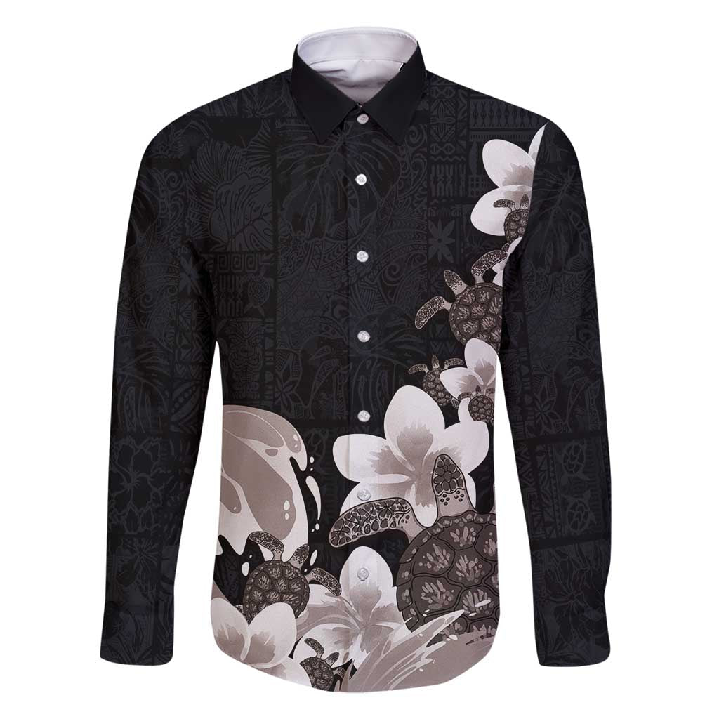 Hawaiian Plumeria and Turtle Family Matching Tank Maxi Dress and Hawaiian Shirt with Polynesian Tribal Art Pattern Grayscale Color LT03 Dad's Shirt - Long Sleeve Black - Polynesian Pride