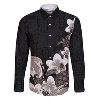 Hawaiian Plumeria and Turtle Family Matching Tank Maxi Dress and Hawaiian Shirt with Polynesian Tribal Art Pattern Grayscale Color LT03 Dad's Shirt - Long Sleeve Black - Polynesian Pride