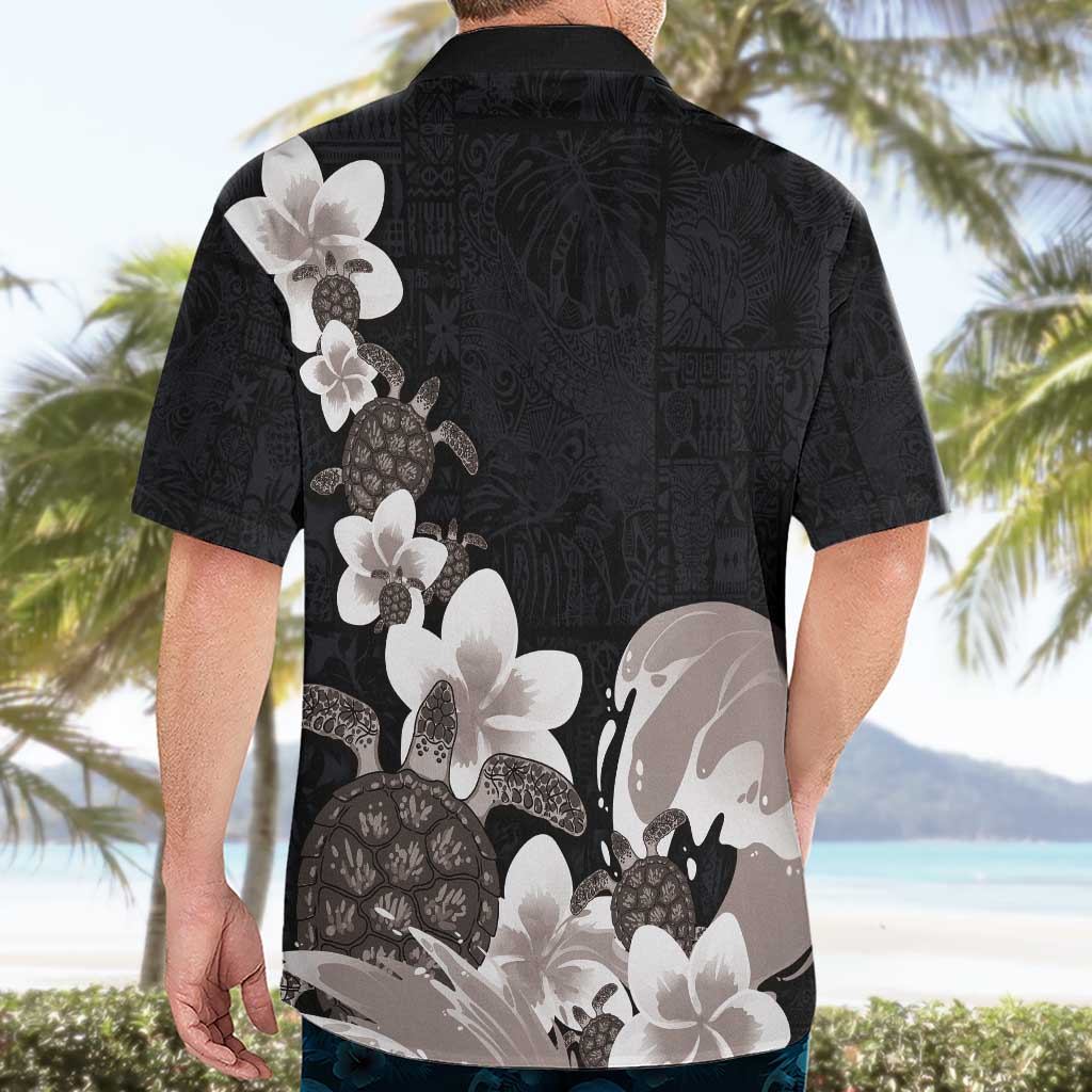 Hawaiian Plumeria and Turtle Hawaiian Shirt with Polynesian Tribal Art Pattern Grayscale Color