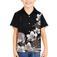 Hawaiian Plumeria and Turtle Kid Hawaiian Shirt with Polynesian Tribal Art Pattern Grayscale Color
